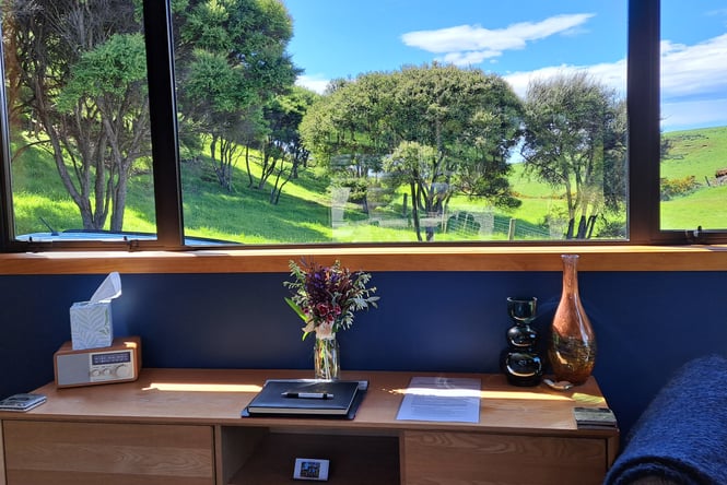 A view of a green hill from inside a cabin.