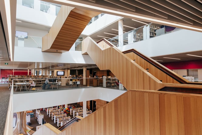 Beautiful architecturally designed staircases at Tūranga Library in Christchurch