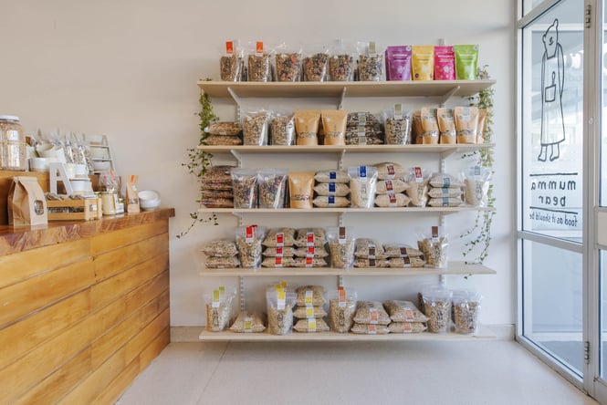 Shelf of breakfast products at Mumma Bear's kitchen and store in Christchurch