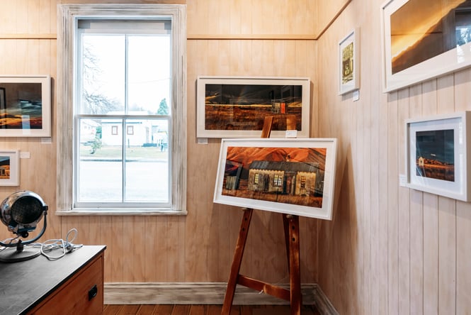 Works of art on display in a gallery.