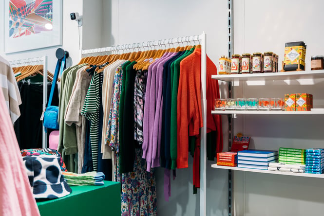 Colourful clothes on racks at Wanda Harland.