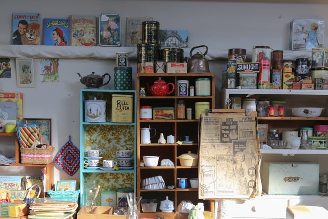Shelves of vintage inside 105 in New Brighton