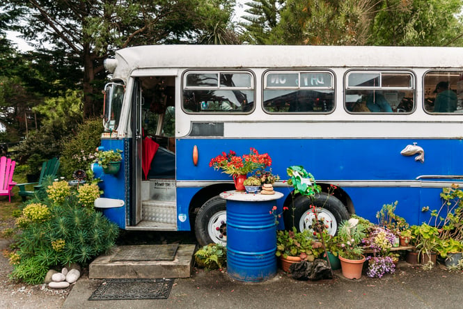 Cute exterior view of the Bus Stop Cafe.