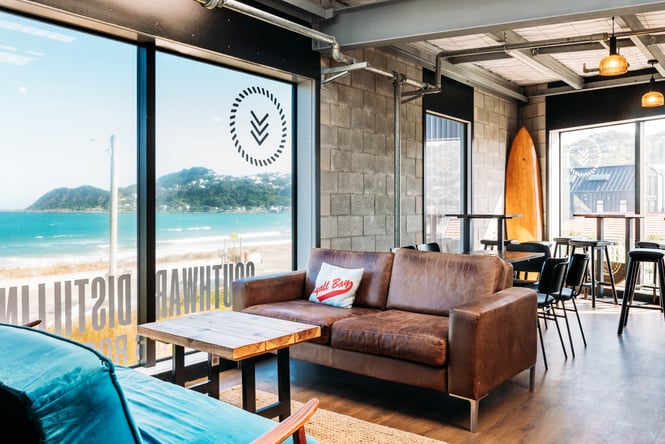 An inside dining area next to the beach.