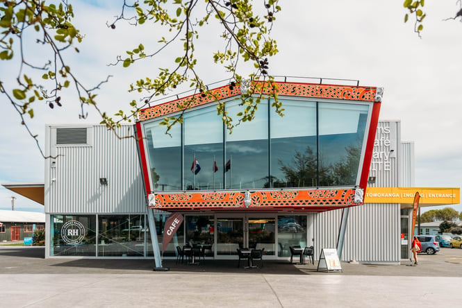 Exterior of Te Awahou Riverside Cultural Park building.