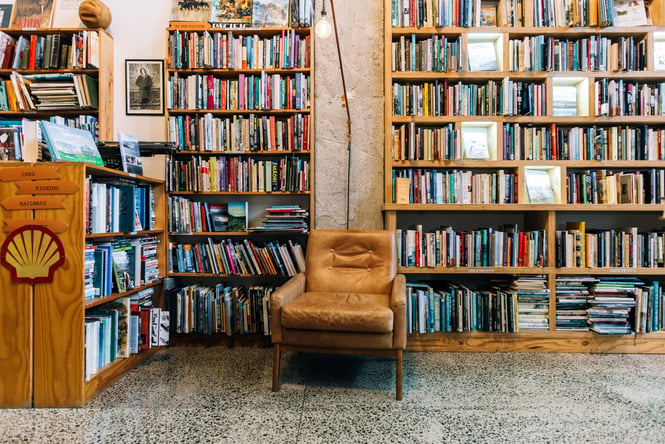 Leather reading chair at Browsers Bookshop in Hamilton.