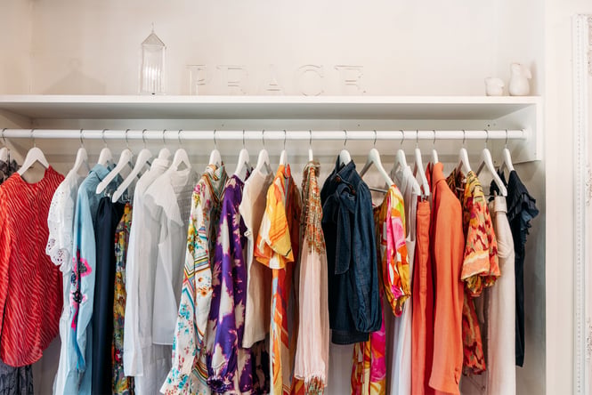 Colourful clothes on a rack at Bunnies in Arrowtown.