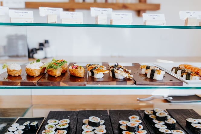 Close up of sushi in the cabinet at Nori Table.