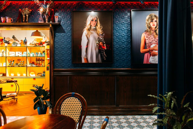 A seating area inside The Intrepid Hotel.