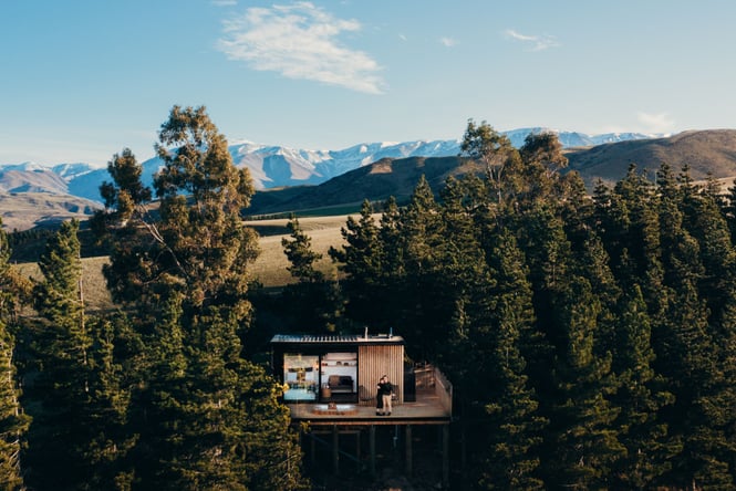 An aerial view of the Nest Treehouses.