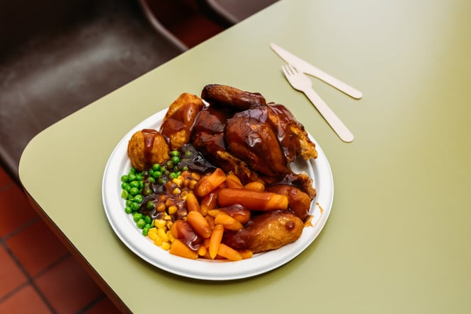 A plate of chicken and vegetables.