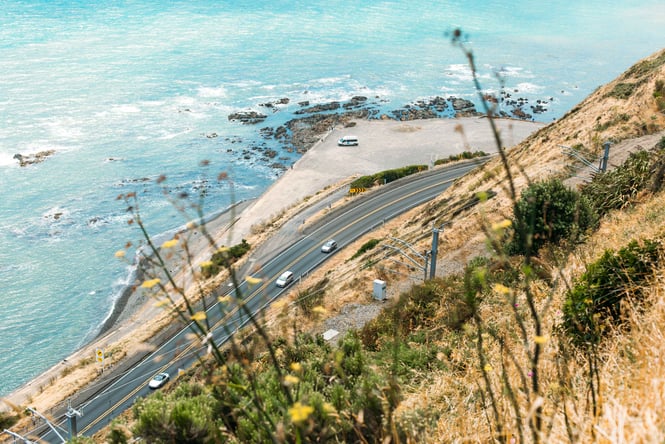 Looking down at a road from Paekākāriki Escarpment Track.