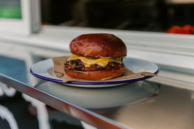 Close up of a burger.