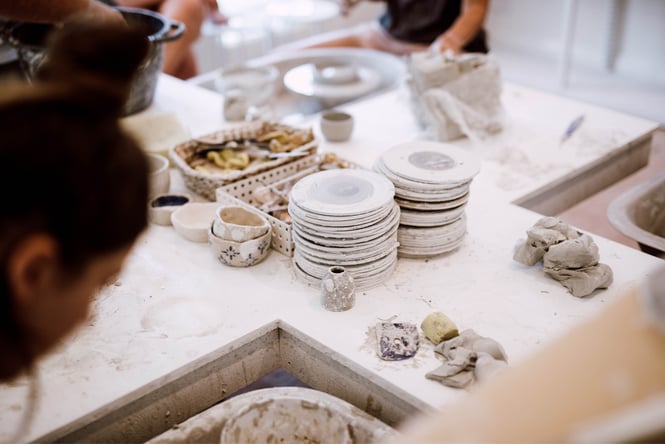 Close up of pottery on a table.