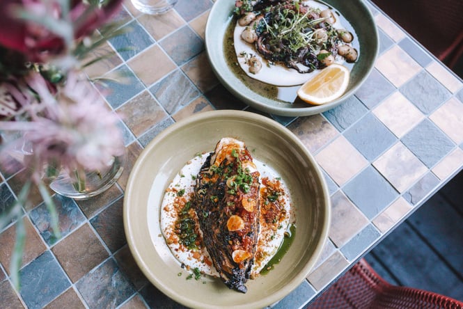 Two plates of food on a table at Candela.
