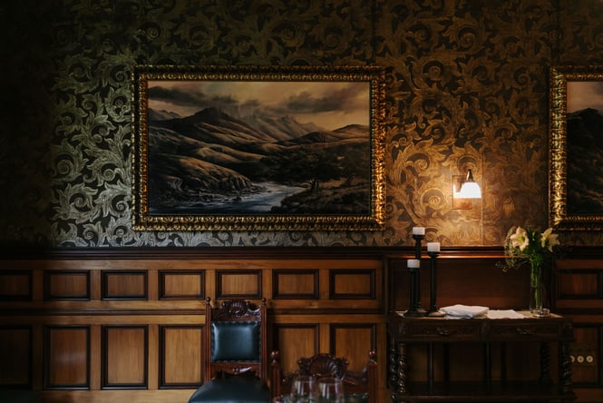 A darkly lit living room.