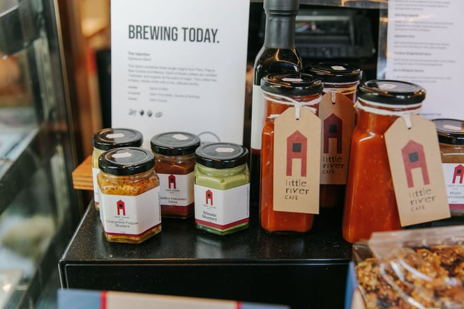 Close up of homemade sauces by Little River Cafe