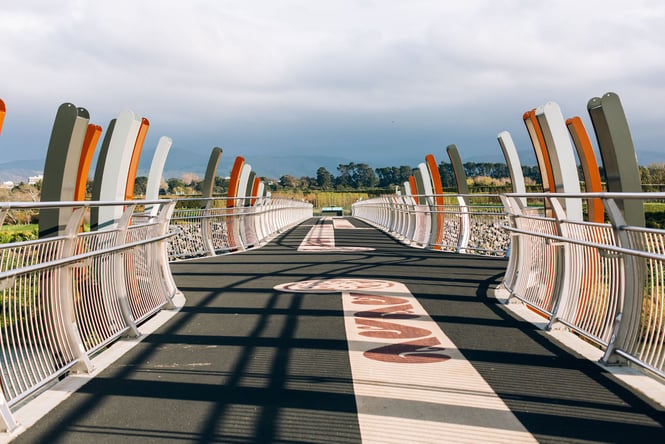 The He Ara Kotahi Bridge and Walkway on a sunny day.