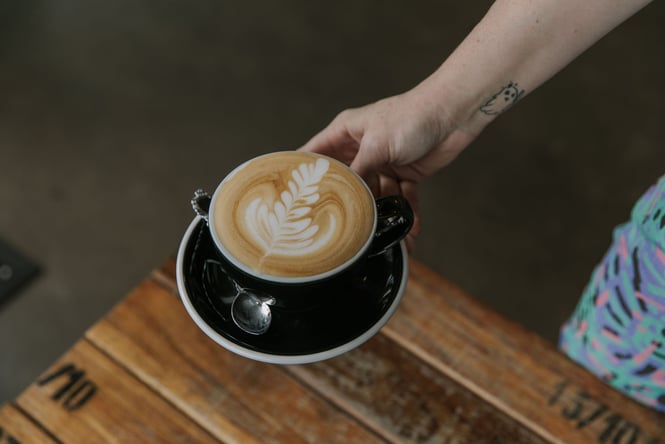 Close up of flat white coffee at Switch New Brighton