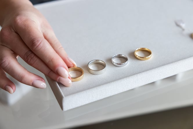 Selection of ring bands on a jewellery tray.