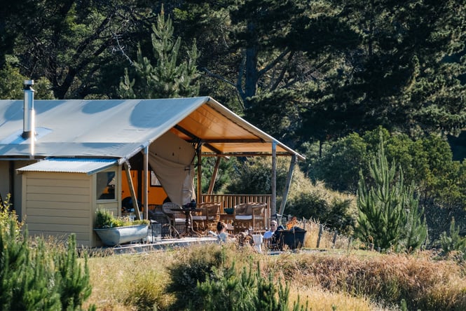 The exterior of a luxury tent at Clifton Camping.