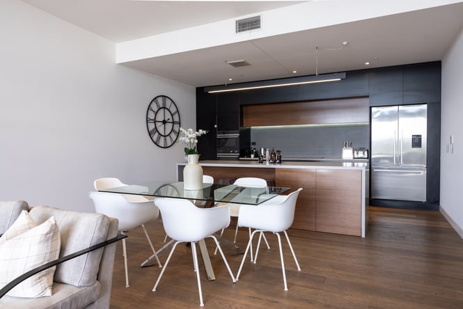 Kitchen and dining room in an apartment.