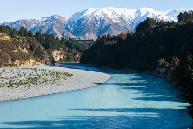 The bending Rakaia River at Rakaia Gorge in Canterbury.