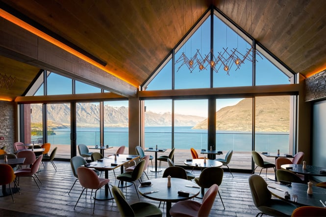 A view of a lake from the restaurant.