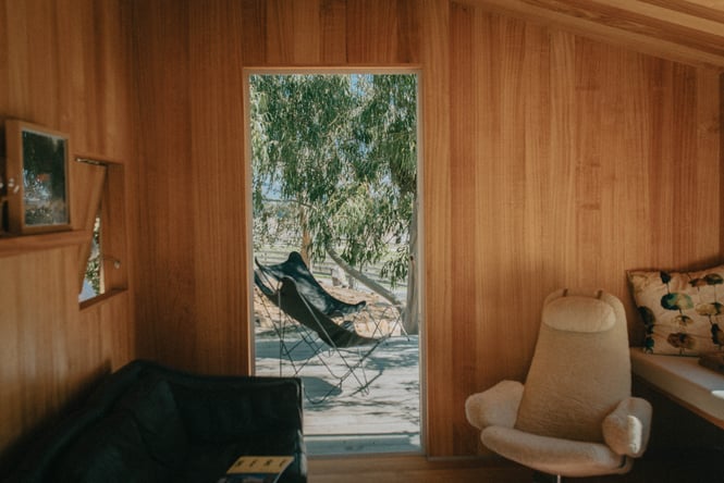 A view of trees from inside a wooden hut.