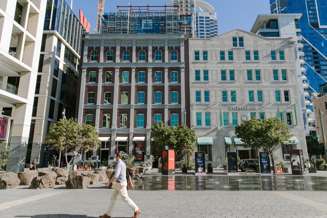 People walking in front of the Australis Nathan building.
