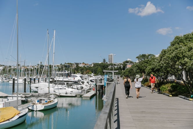 People walking the Auckland water front.