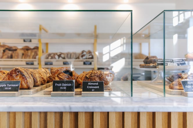 Pastries in the cabinet at Bellbird Bakery.