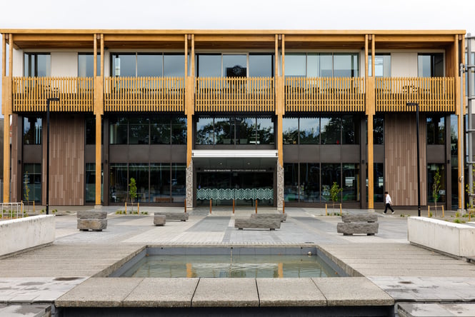 The wooden exterior of Te Whare Whakatere.