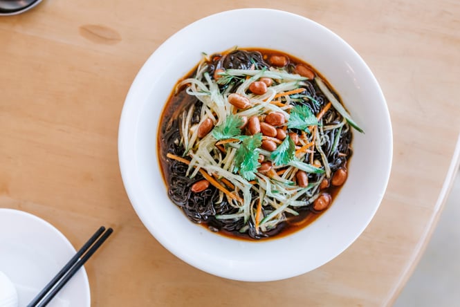 A flatlay of a plate of Chinese food in a bowl.