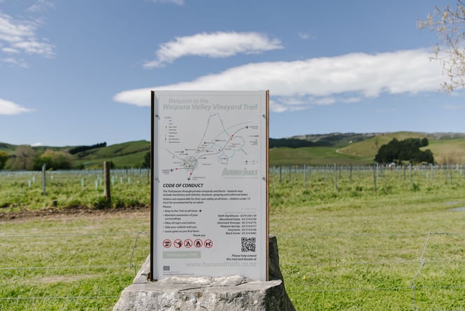 Close up of a Waipara Wine Trail sign of a sunny day.