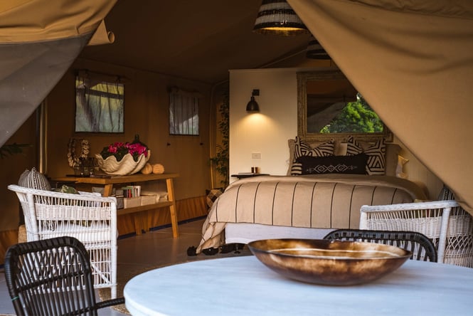 The inside of a glamping tent.