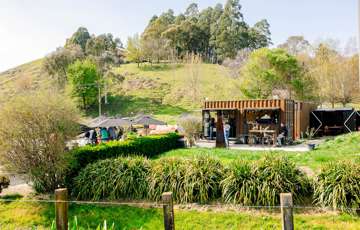 A container cafe nestled into a green grassy knoll.