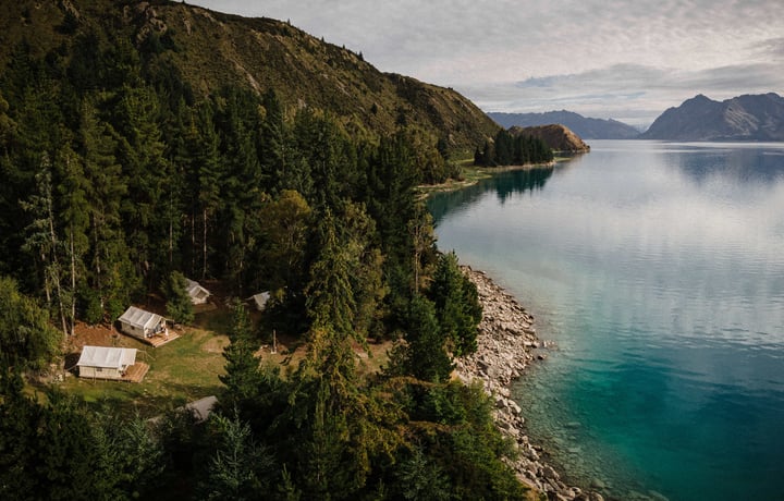 A view from above The Camp at Lake Hāwea in Wanaka.