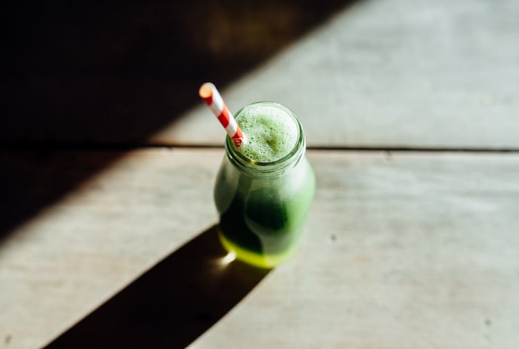 A green juice on a table at Dose Diner Christchurch.