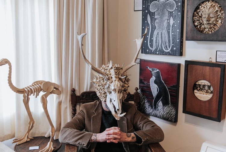 Bruce Mahalski wearing a skull on his head.