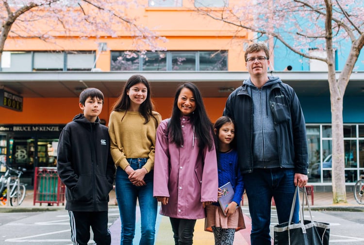 Mahalee and Benoit with their family on the streets of Palmerston North.