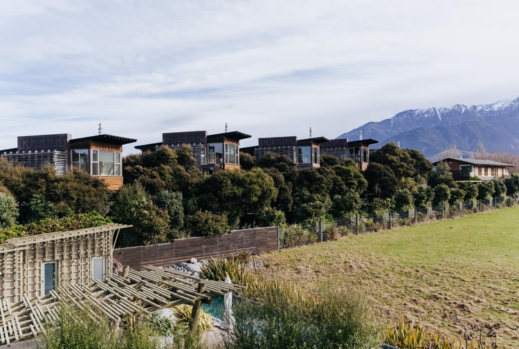 A view of the tree houses at Hapuku Lodge Kaikoura.