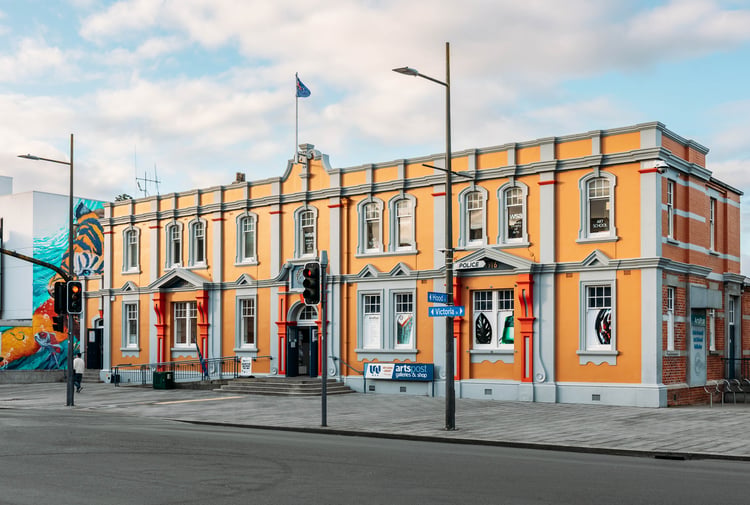 Exterior of Arts Post Building in Hamilton with street in front of it.