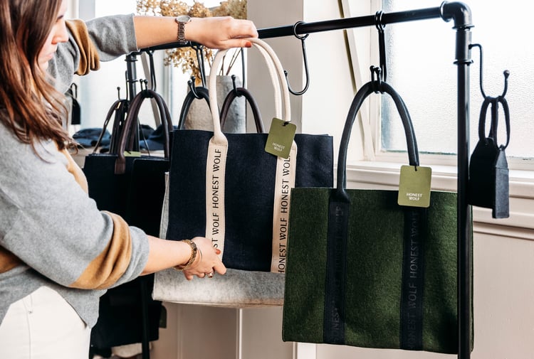 A close up of bags hanging at Honest Wolf in Rangitikei.