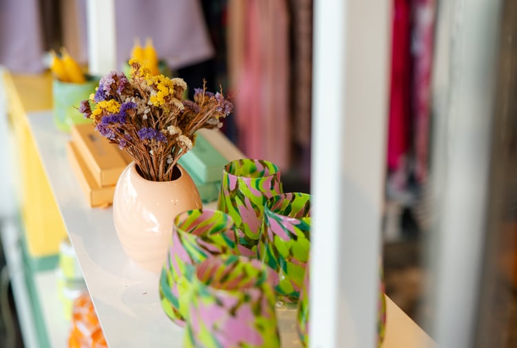 Close up of dried flowers and colourful vases at Crushes