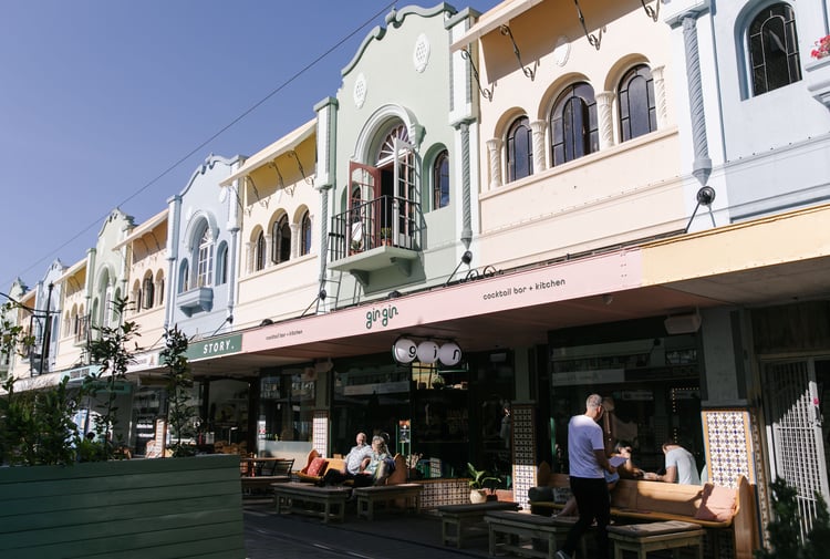The colourful facades on New Regent Street on a sunny day.