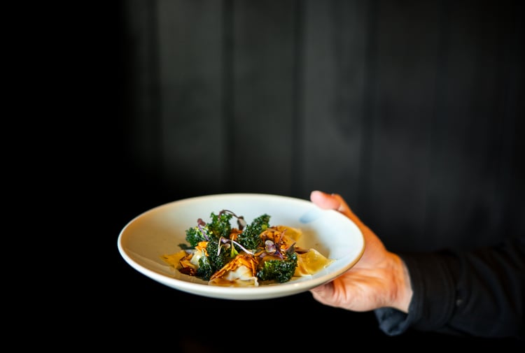 A hand holding a plate of food.