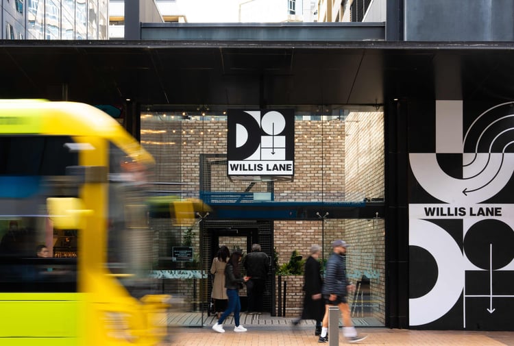 The black and white entrance to Willis Lane in Wellington.
