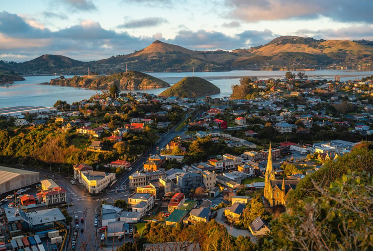 The sun setting over Port Chalmers.