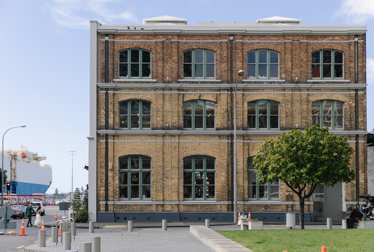 A large brick building on a sunny day at Britomart in Auckland.